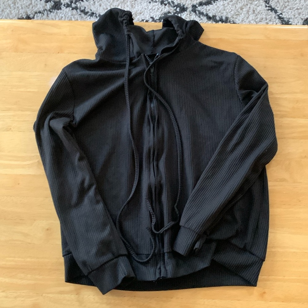 Women's Black Ribbed Zip Up Hoodie, Size L